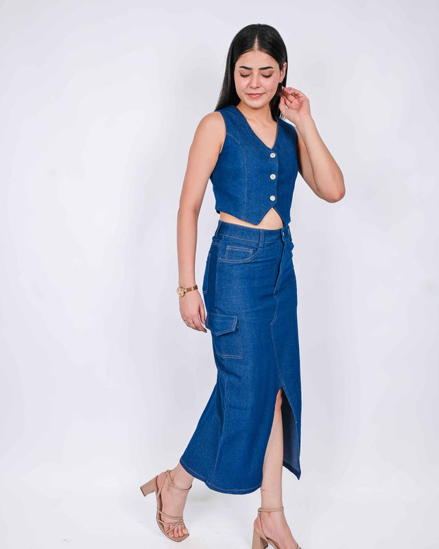 FRONT SLIT LONG DENIM SKIRT WITH WAIST COAT TOP