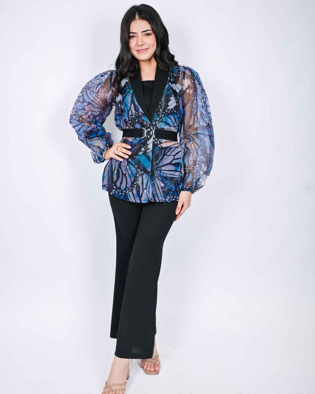 PRINTED DESIGNER ORGANZA SHRUG WITH FLARED TROUSERS