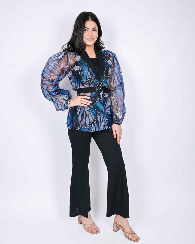 PRINTED DESIGNER ORGANZA SHRUG WITH FLARED TROUSERS