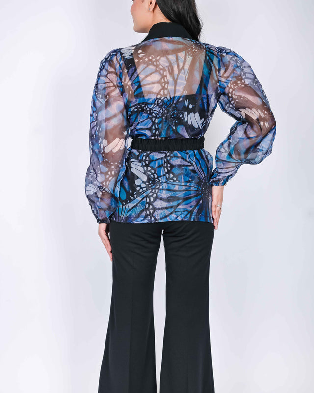 PRINTED DESIGNER ORGANZA SHRUG WITH FLARED TROUSERS