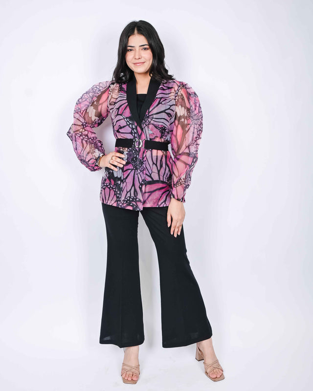 PRINTED DESIGNER ORGANZA SHRUG WITH FLARED TROUSERS