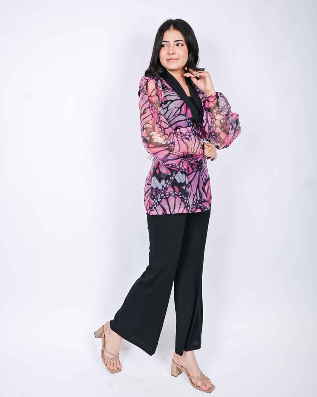 PRINTED DESIGNER ORGANZA SHRUG WITH FLARED TROUSERS