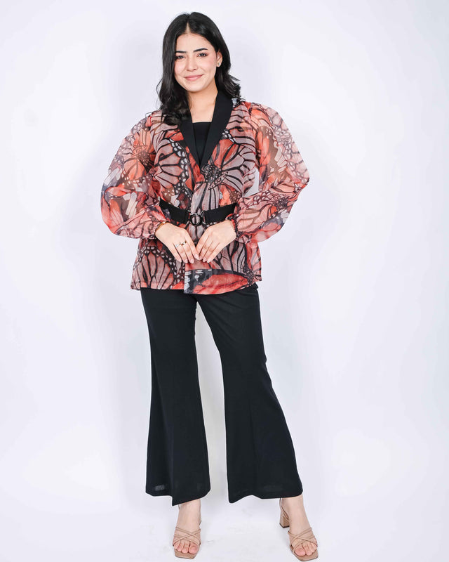 PRINTED DESIGNER ORGANZA SHRUG WITH FLARED TROUSERS