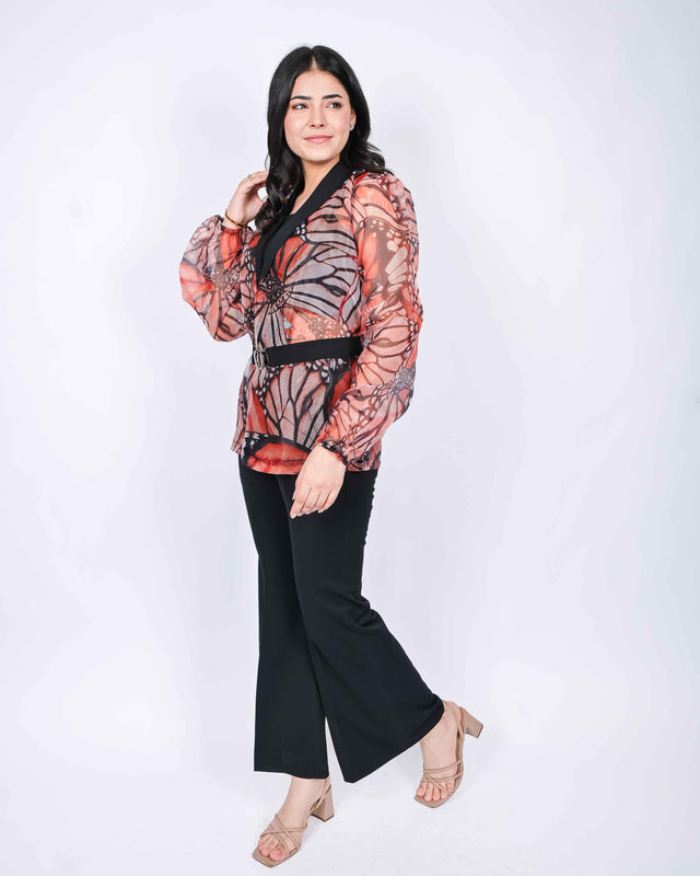 PRINTED DESIGNER ORGANZA SHRUG WITH FLARED TROUSERS