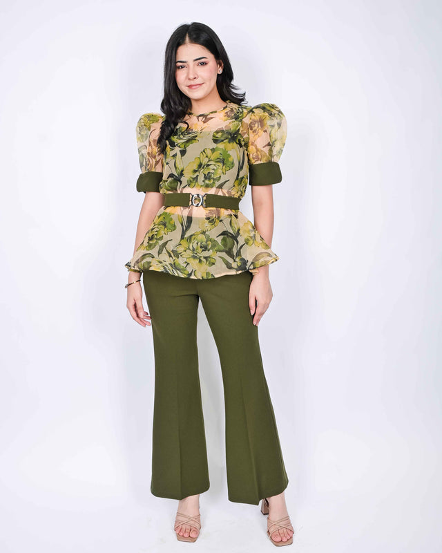 CROP TOP AND TROUSERS WITH FLORAL PRINTED ORGANZA PEBLUM TOP (BELT INCLUDED)