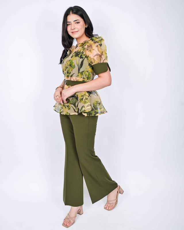 CROP TOP AND TROUSERS WITH FLORAL PRINTED ORGANZA PEBLUM TOP (BELT INCLUDED)