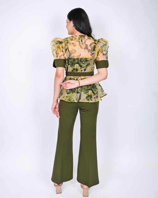 CROP TOP AND TROUSERS WITH FLORAL PRINTED ORGANZA PEBLUM TOP (BELT INCLUDED)