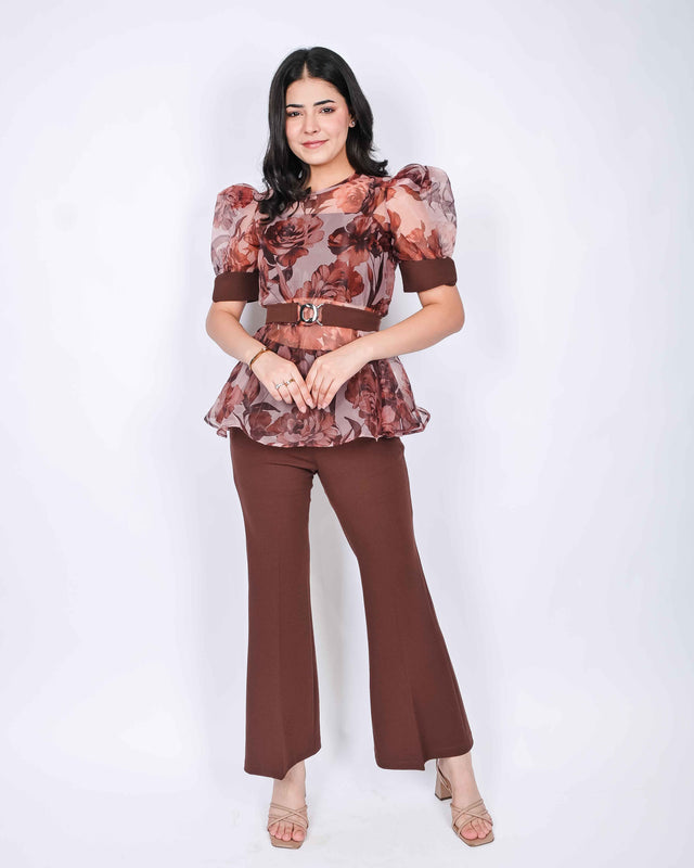 CROP TOP AND TROUSERS WITH FLORAL PRINTED ORGANZA PEBLUM TOP (BELT INCLUDED)