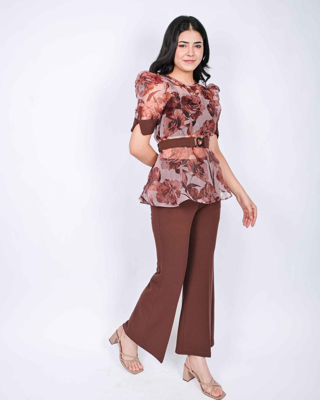 CROP TOP AND TROUSERS WITH FLORAL PRINTED ORGANZA PEBLUM TOP (BELT INCLUDED)