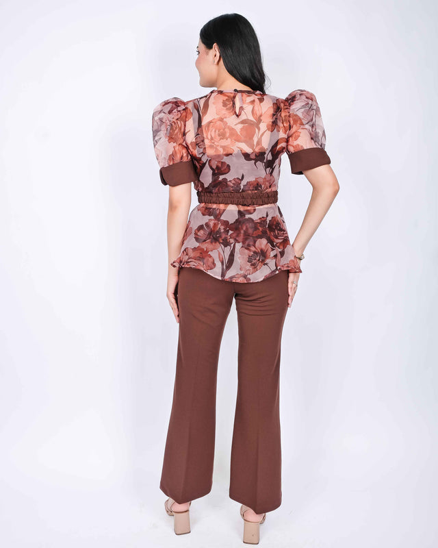 CROP TOP AND TROUSERS WITH FLORAL PRINTED ORGANZA PEBLUM TOP (BELT INCLUDED)