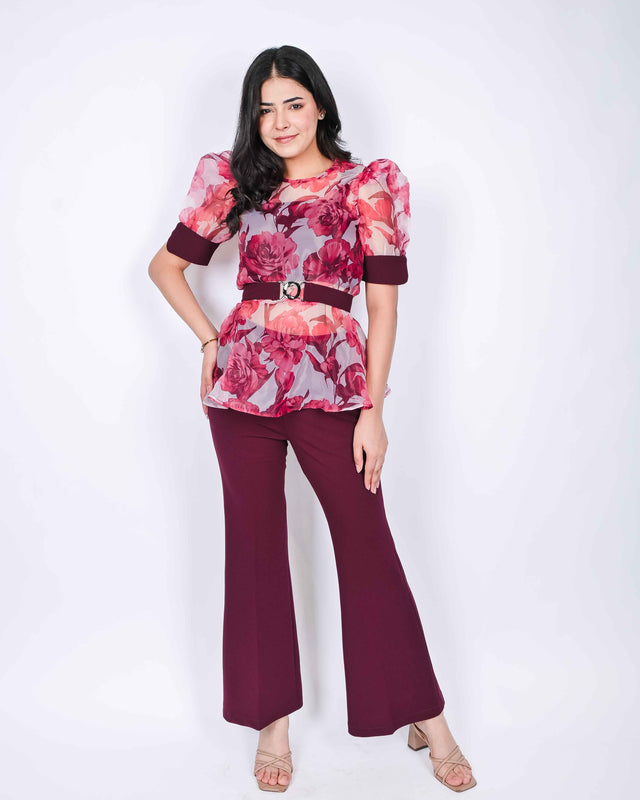 CROP TOP AND TROUSERS WITH FLORAL PRINTED ORGANZA PEBLUM TOP (BELT INCLUDED)