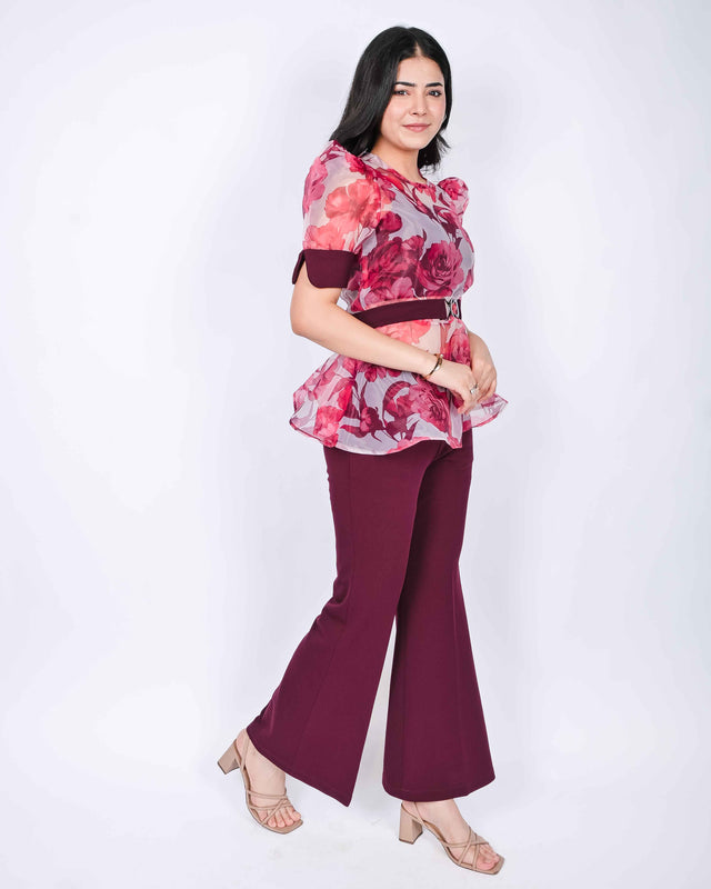 CROP TOP AND TROUSERS WITH FLORAL PRINTED ORGANZA PEBLUM TOP (BELT INCLUDED)