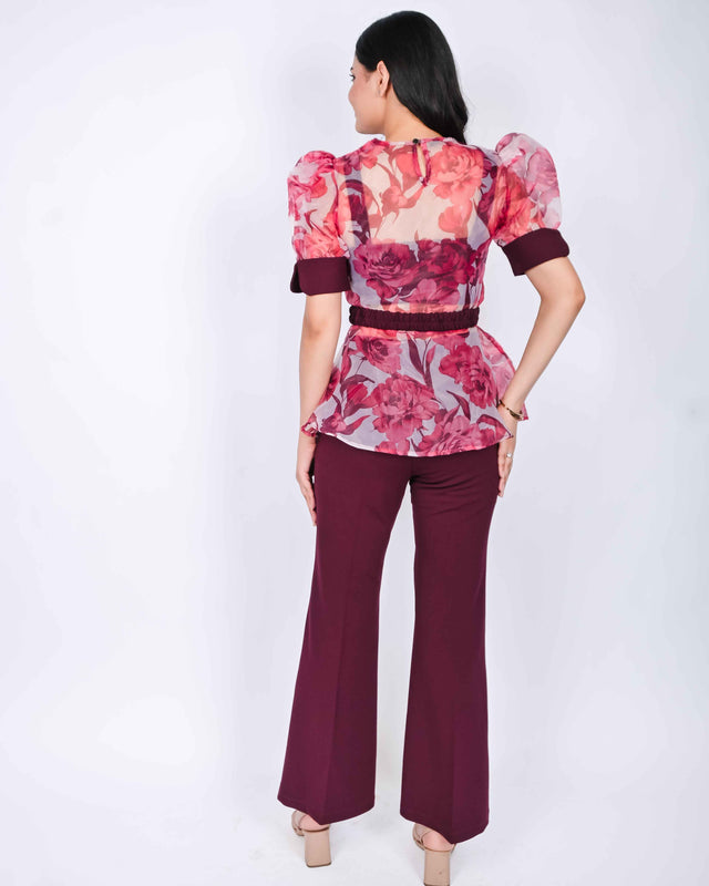 CROP TOP AND TROUSERS WITH FLORAL PRINTED ORGANZA PEBLUM TOP (BELT INCLUDED)