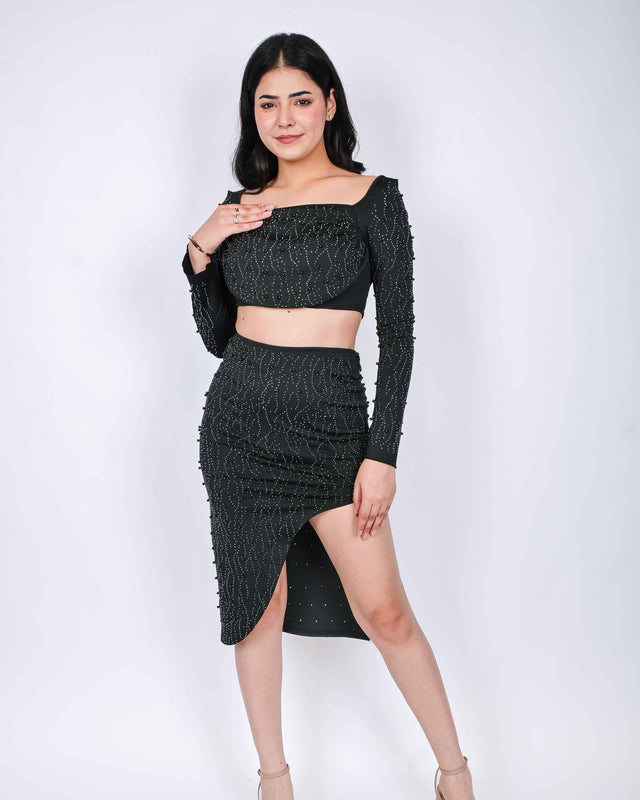 STONE WORK PARTY WEAR SIDE SLIT SKIRT WITH CROP TOP