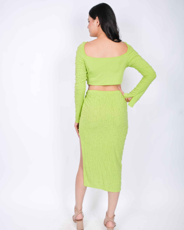 STONE WORK PARTY WEAR SIDE SLIT SKIRT WITH CROP TOP