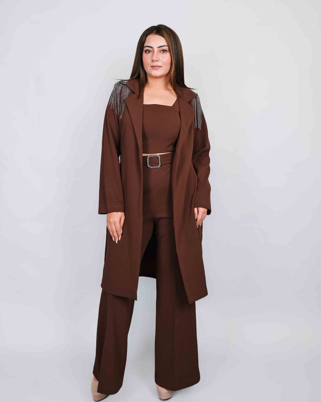 Solid Crop Top Long Coat With Stone Sleeves Trouser