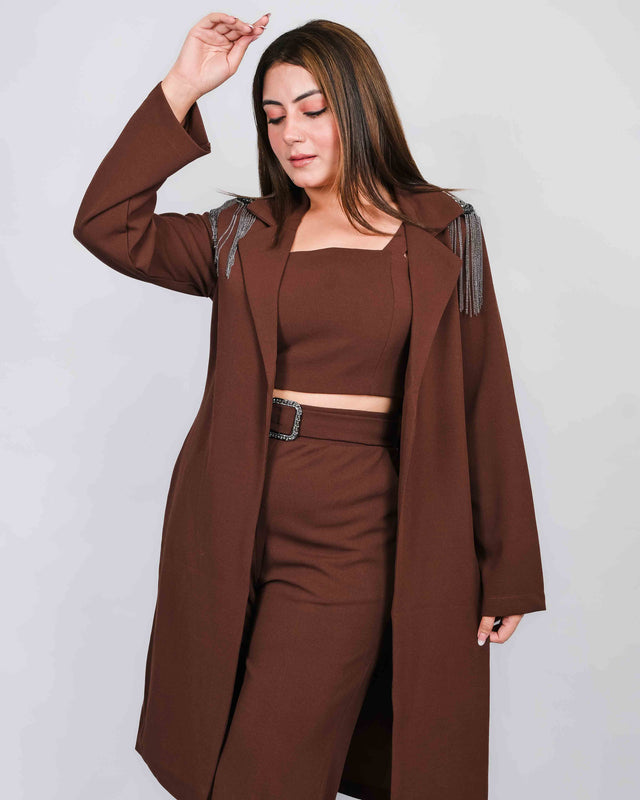 Solid Crop Top Long Coat With Stone Sleeves Trouser