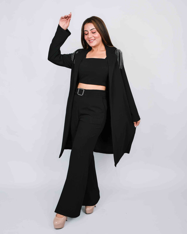 Solid Crop Top Long Coat With Stone Sleeves Trouser