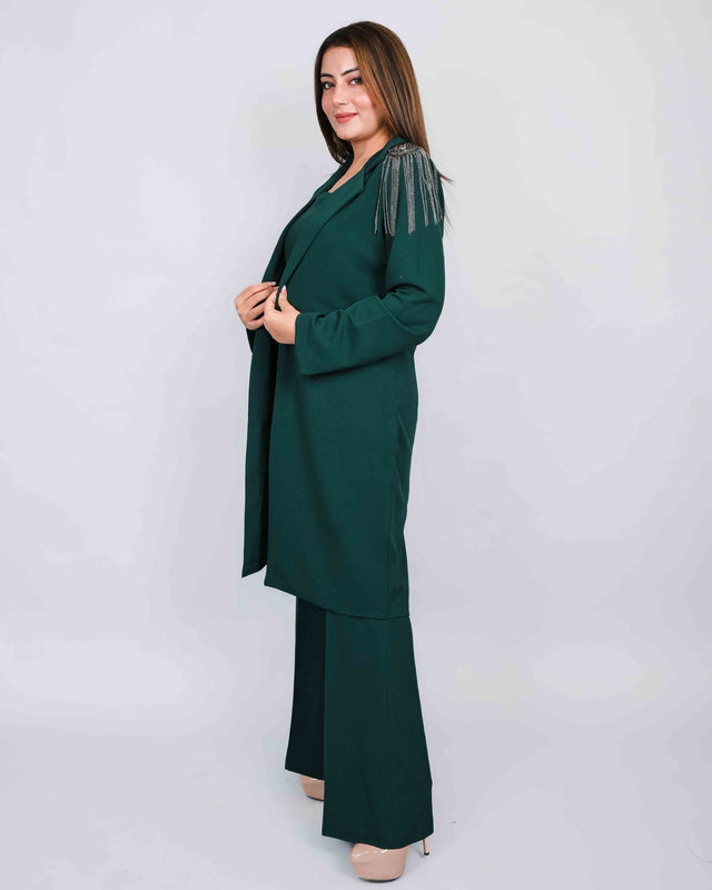 Solid Crop Top Long Coat With Stone Sleeves Trouser