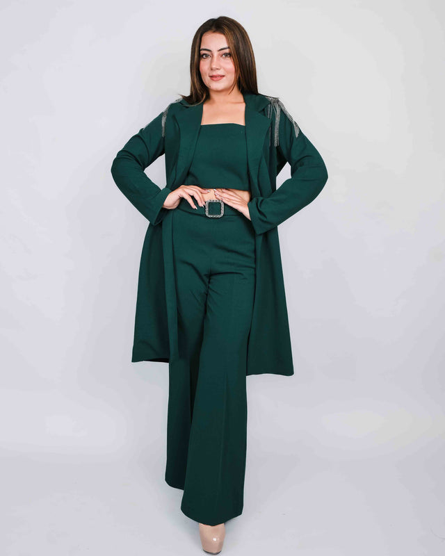 Solid Crop Top Long Coat With Stone Sleeves Trouser