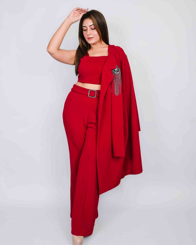 Solid Crop Top Long Coat With Stone Sleeves Trouser