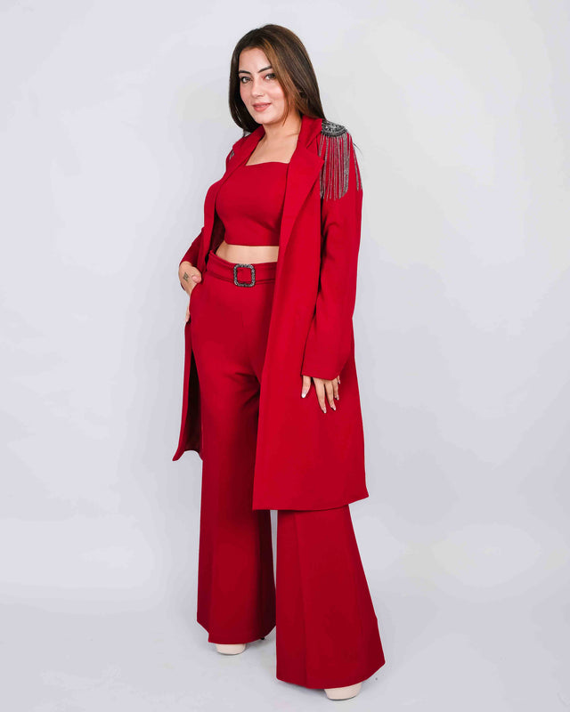 Solid Crop Top Long Coat With Stone Sleeves Trouser