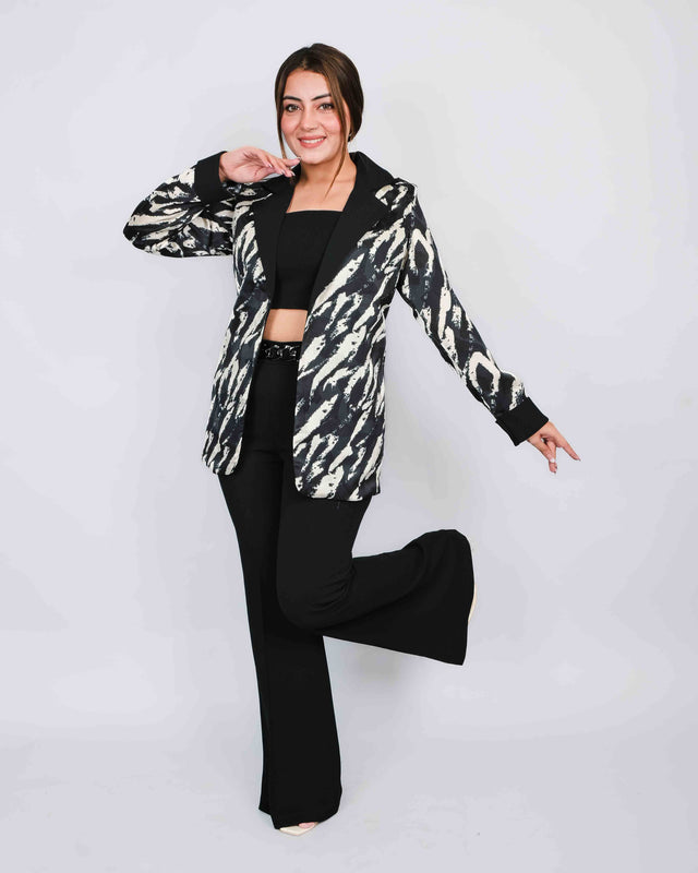 Animal Print Blazer Solid Crop Top and Flared Trousers Set