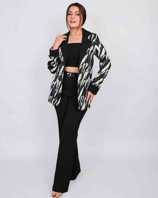 Animal Print Blazer Solid Crop Top and Flared Trousers Set