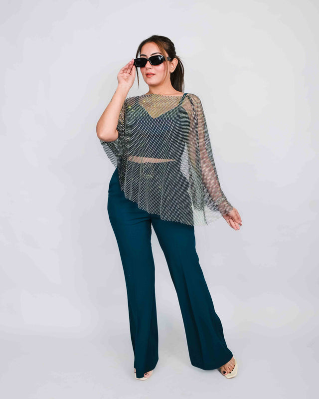 Glamorous Flared Trousers with Sparkling Net Top