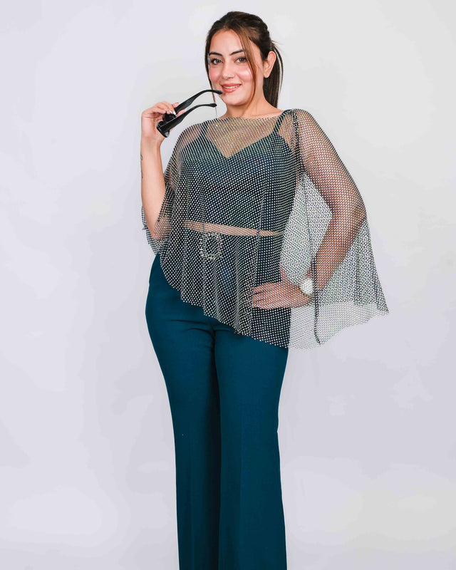 Glamorous Flared Trousers with Sparkling Net Top