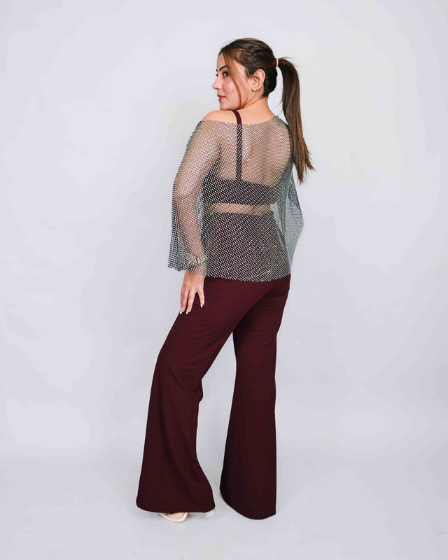 Glamorous Flared Trousers with Sparkling Net Top