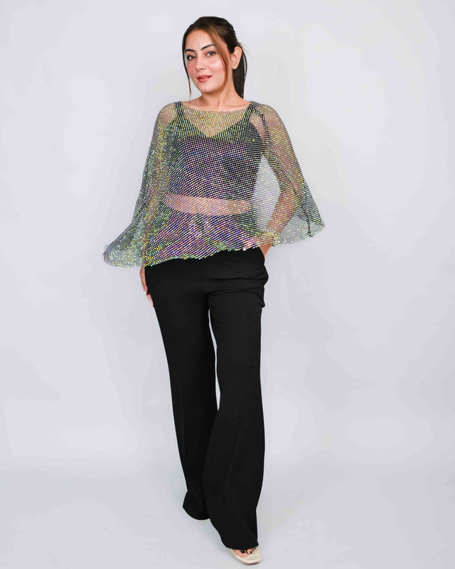 Glamorous Flared Trousers with Sparkling Net Top