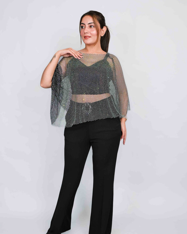 Glamorous Flared Trousers with Sparkling Net Top