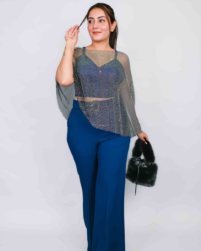 Glamorous Flared Trousers with Sparkling Net Top