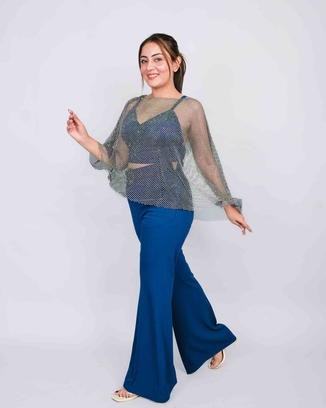 Glamorous Flared Trousers with Sparkling Net Top