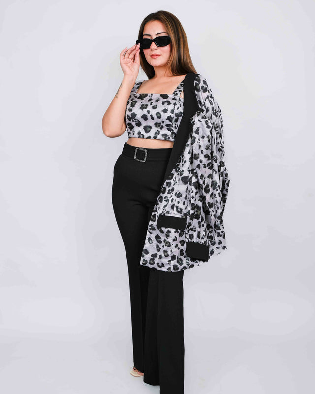 Flared Trousers with Leopard Printed Blazer Set