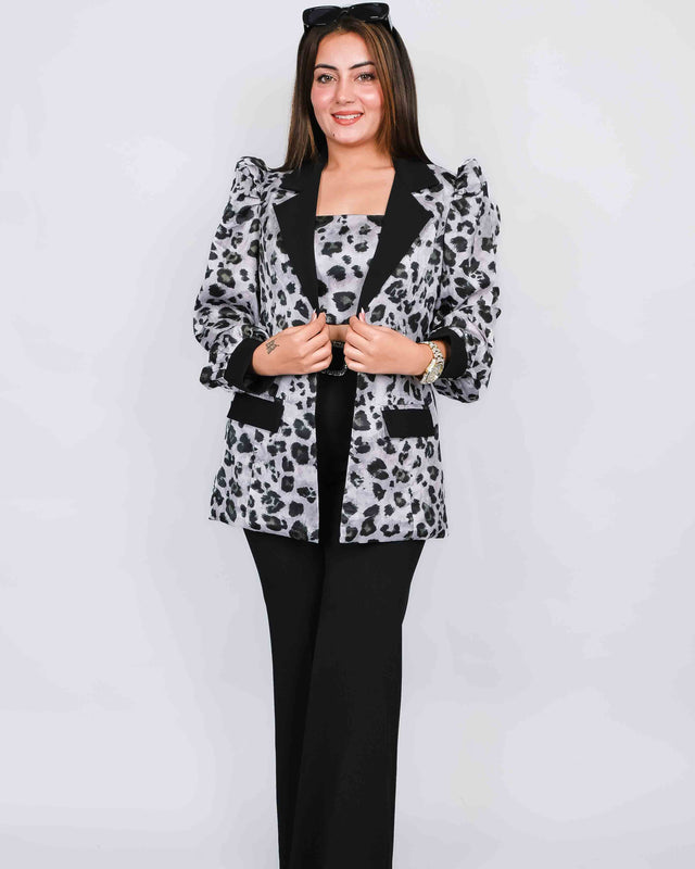 Flared Trousers with Leopard Printed Blazer Set