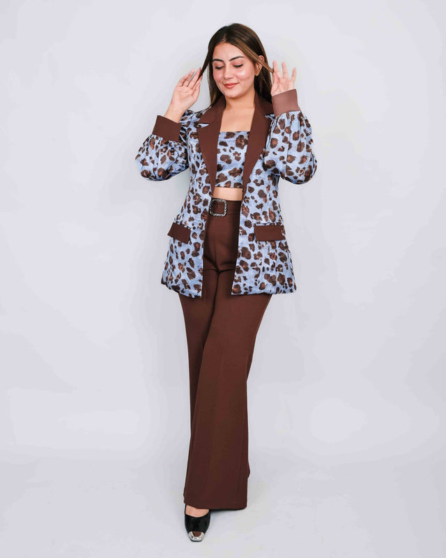 Flared Trousers with Leopard Printed Blazer Set