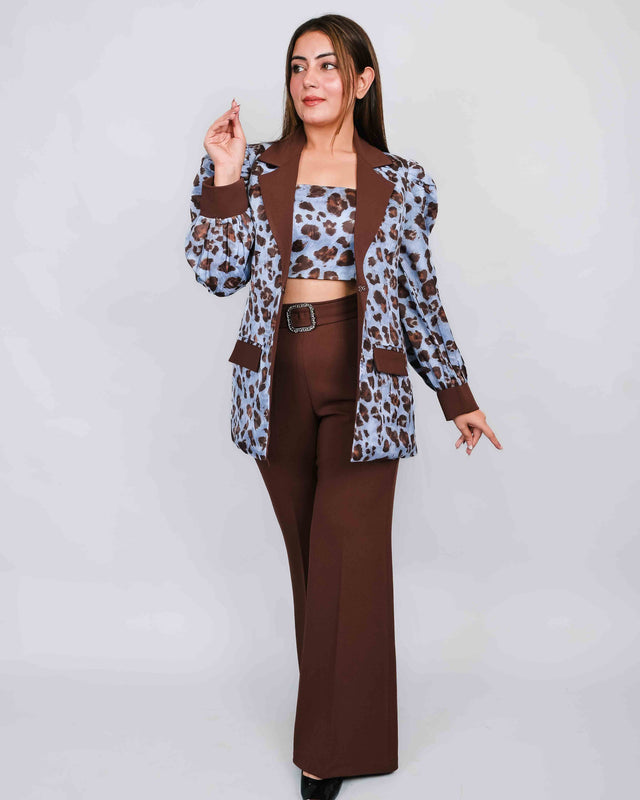 Flared Trousers with Leopard Printed Blazer Set