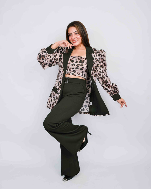 Flared Trousers with Leopard Printed Blazer Set