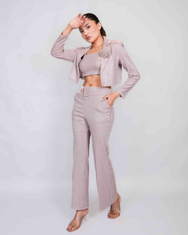 GLITTERY FLARED TROUSERS WITH CROPPED BLAZER SET