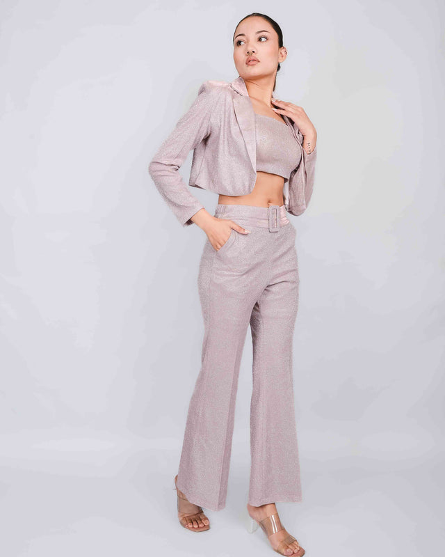 GLITTERY FLARED TROUSERS WITH CROPPED BLAZER SET