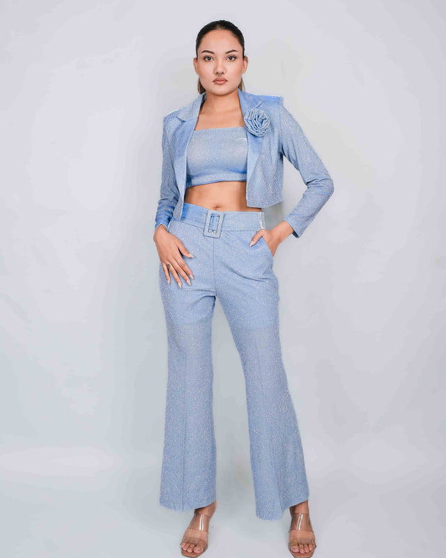 GLITTERY FLARED TROUSERS WITH CROPPED BLAZER SET