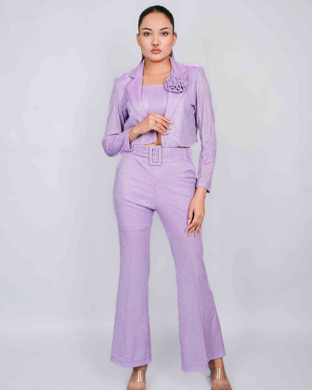 GLITTERY FLARED TROUSERS WITH CROPPED BLAZER SET