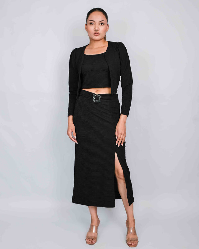 STYLISH LONG SIDE SLIT SKIRT WITH CROP TOP AND SHRUG