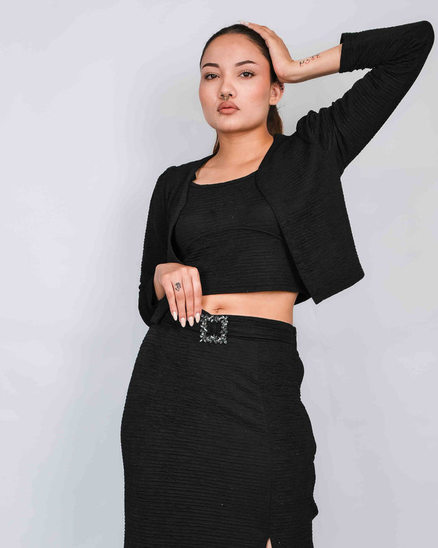 STYLISH LONG SIDE SLIT SKIRT WITH CROP TOP AND SHRUG