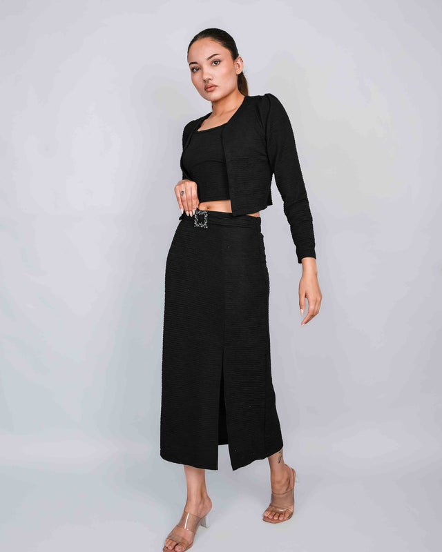 STYLISH LONG SIDE SLIT SKIRT WITH CROP TOP AND SHRUG