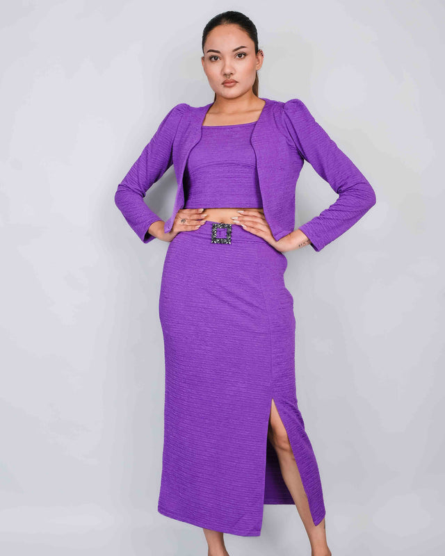 STYLISH LONG SIDE SLIT SKIRT WITH CROP TOP AND SHRUG