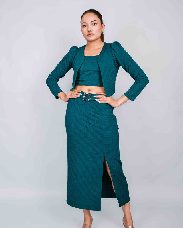 STYLISH LONG SIDE SLIT SKIRT WITH CROP TOP AND SHRUG