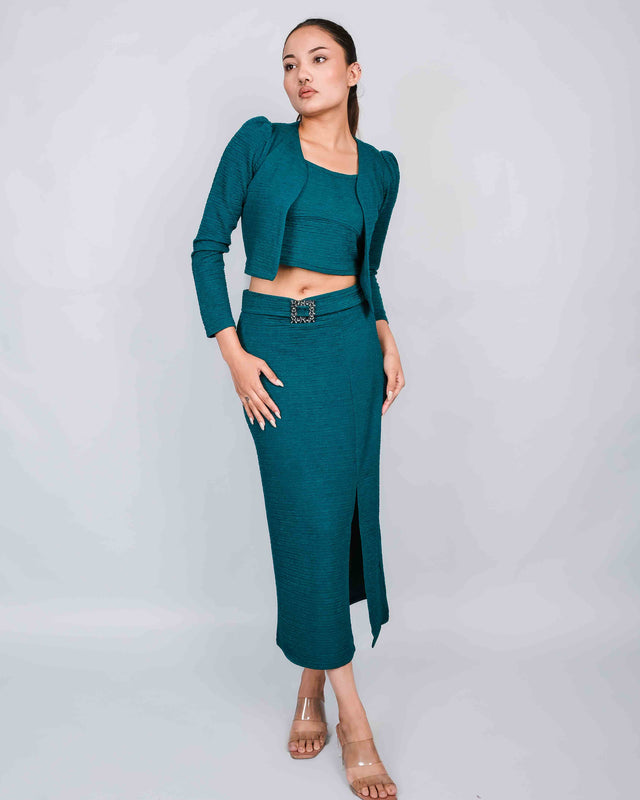 STYLISH LONG SIDE SLIT SKIRT WITH CROP TOP AND SHRUG